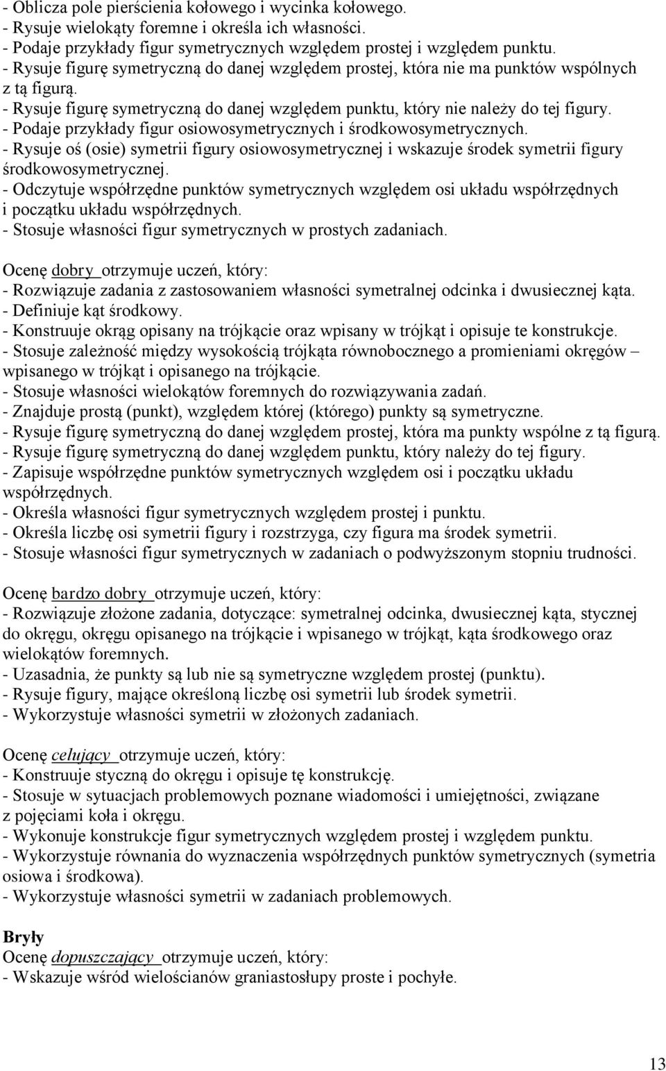 - Podaje przykłady figur osiowosymetrycznych i środkowosymetrycznych. - Rysuje oś (osie) symetrii figury osiowosymetrycznej i wskazuje środek symetrii figury środkowosymetrycznej.