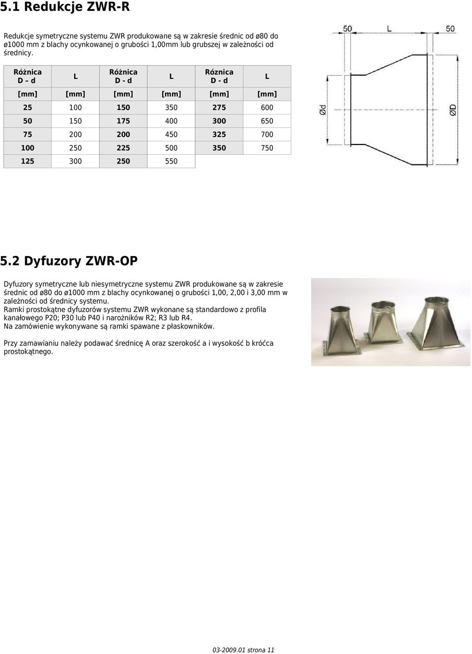 2 Dyfuzory ZWR-OP Dyfuzory symetryczne lub niesymetryczne systemu ZWR produkowane są w zakresie średnic od ø80 do ø1000 mm z blachy ocynkowanej o grubości 1,00, 2,00 i 3,00 mm w zależności od