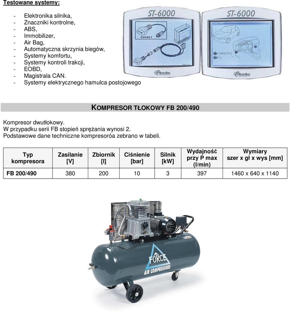 - Systemy elektrycznego hamulca postojowego KOMPRESOR TŁOKOWY FB 200/490 Kompresor dwutłokowy. W przypadku serii FB stopień spręŝania wynosi 2.