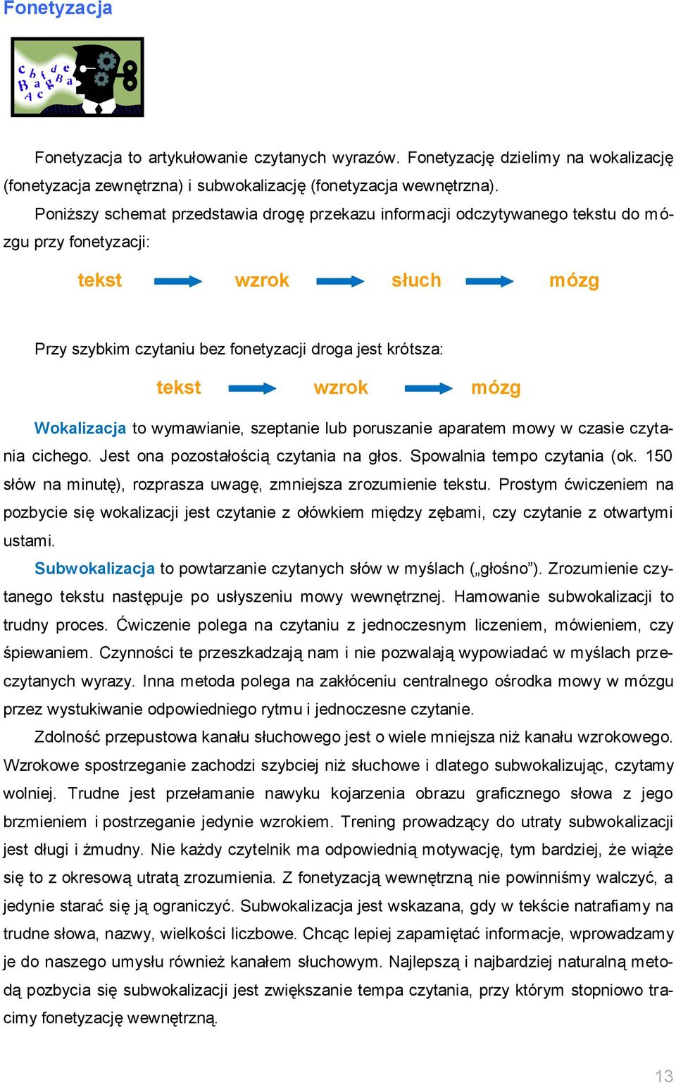 mózg Wokalizacja to wymawianie, szeptanie lub poruszanie aparatem mowy w czasie czytania cichego. Jest ona pozostałością czytania na głos. Spowalnia tempo czytania (ok.