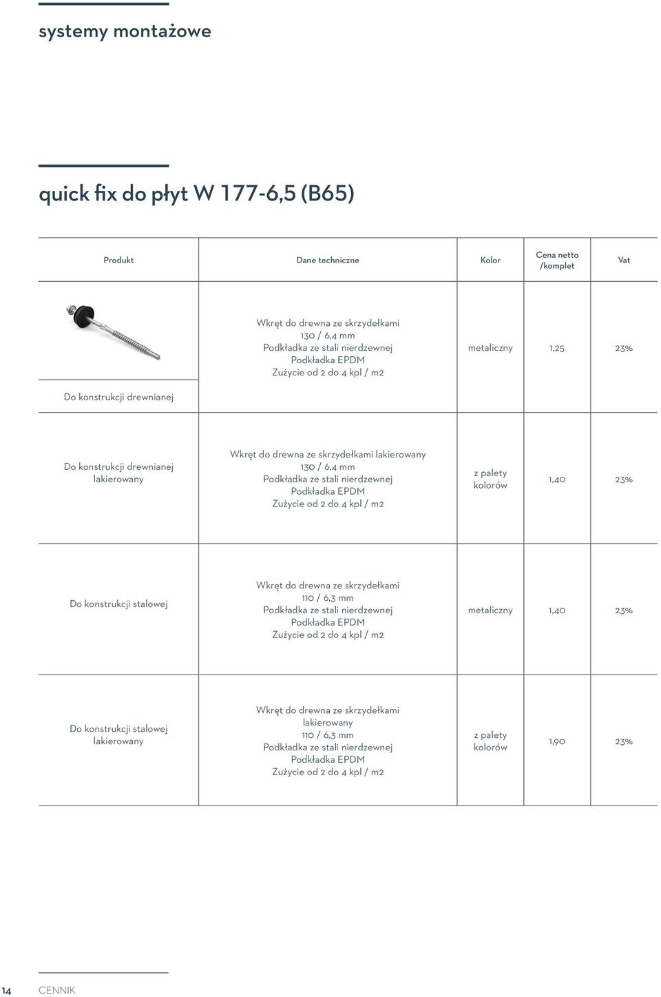 do 4 kpl / m2 z palety kolorów 1,40 Do konstrukcji stalowej Wkręt do drewna ze skrzydełkami 110 / 6,3 mm Podkładka ze stali nierdzewnej Podkładka EPDM Zużycie od 2 do 4 kpl / m2 metaliczny 1,40