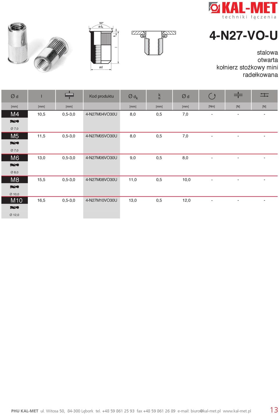 0,5-3,0 4-N27M08VO30U 11,0 0,5 10,0 Ø 10,0 M10 16,5 0,5-3,0 4-N27M10VO30U 13,0 0,5 12,0 Ø 12,0 PHU