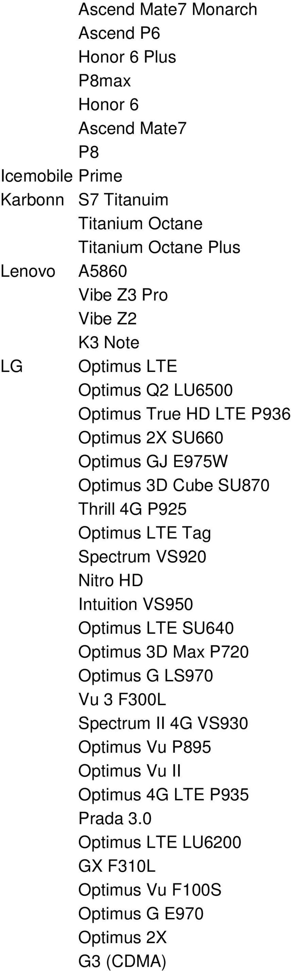 SU870 Thrill 4G P925 Optimus LTE Tag Spectrum VS920 Nitro HD Intuition VS950 Optimus LTE SU640 Optimus 3D Max P720 Optimus G LS970 Vu 3 F300L