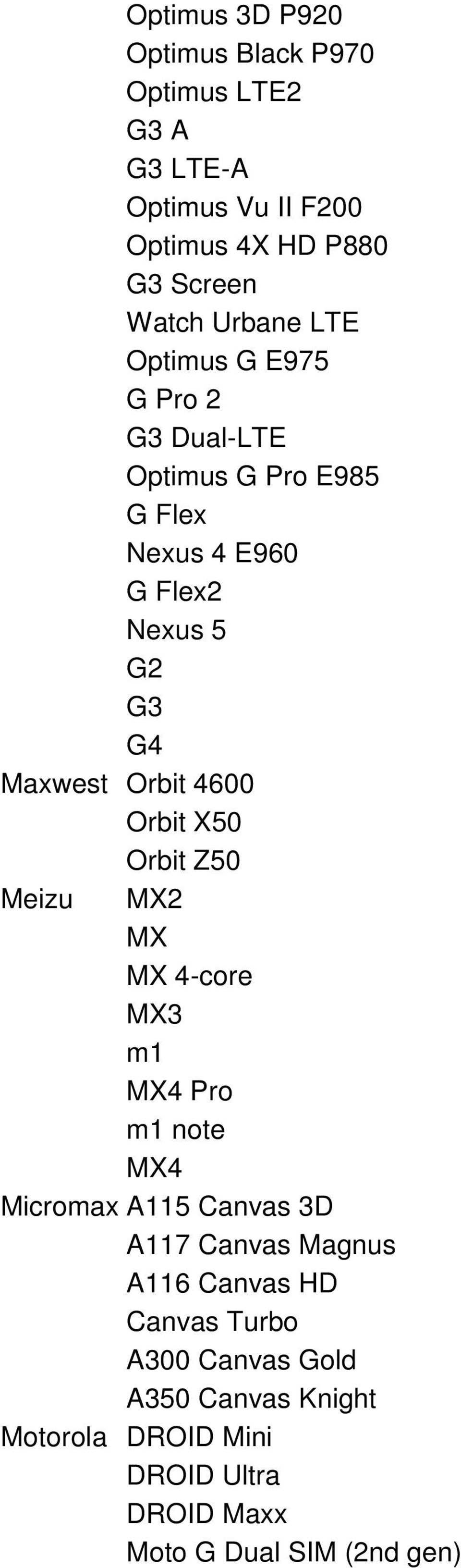 Orbit X50 Orbit Z50 Meizu MX2 MX MX 4-core MX3 m1 MX4 Pro m1 note MX4 Micromax A115 Canvas 3D A117 Canvas Magnus A116
