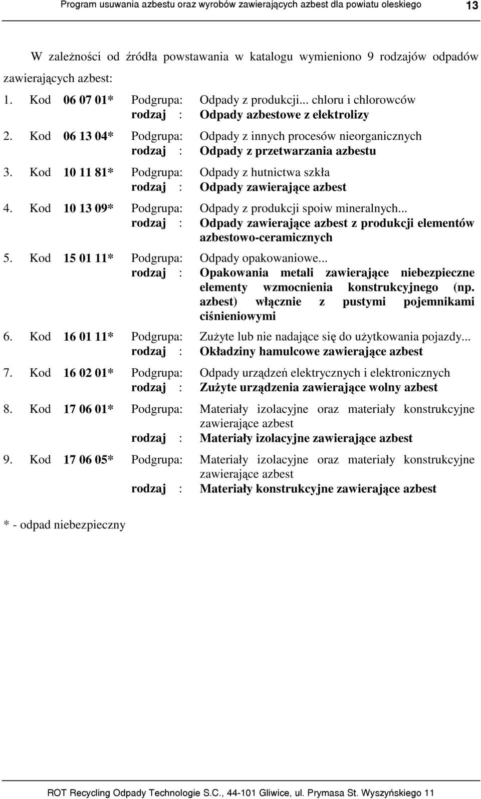 Kod 10 11 81* Podgrupa: Odpady z hutnictwa szkła rodzaj : Odpady zawierające azbest 4. Kod 10 13 09* Podgrupa: Odpady z produkcji spoiw mineralnych.