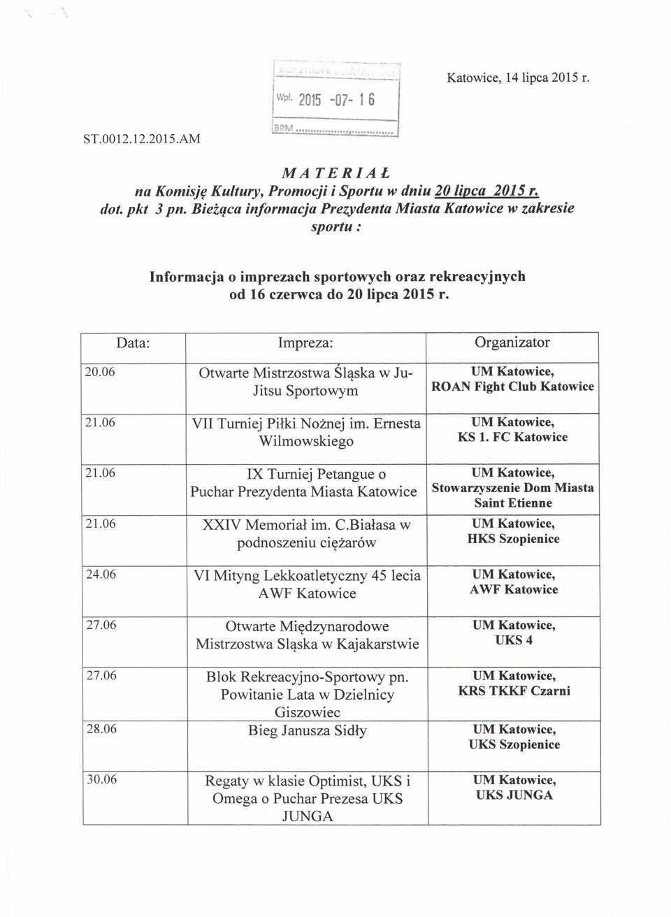 06 Otwarte Mistrzostwa Sląska w Ju- UM Katowice, Jitsu Sportowym ROAN Figbt Club Katowice 21.06 VII Turniej Piłki Nożnej im. Ernesta UM Katowice, Wilmowskiego KS l. FC Katowice 21.