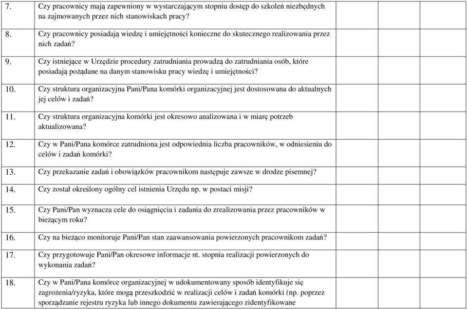 Czy istniejące w Urzędzie procedury zatrudniania prowadzą do zatrudniania osób, które posiadają pożądane na danym stanowisku pracy wiedzę i umiejętności? 10.