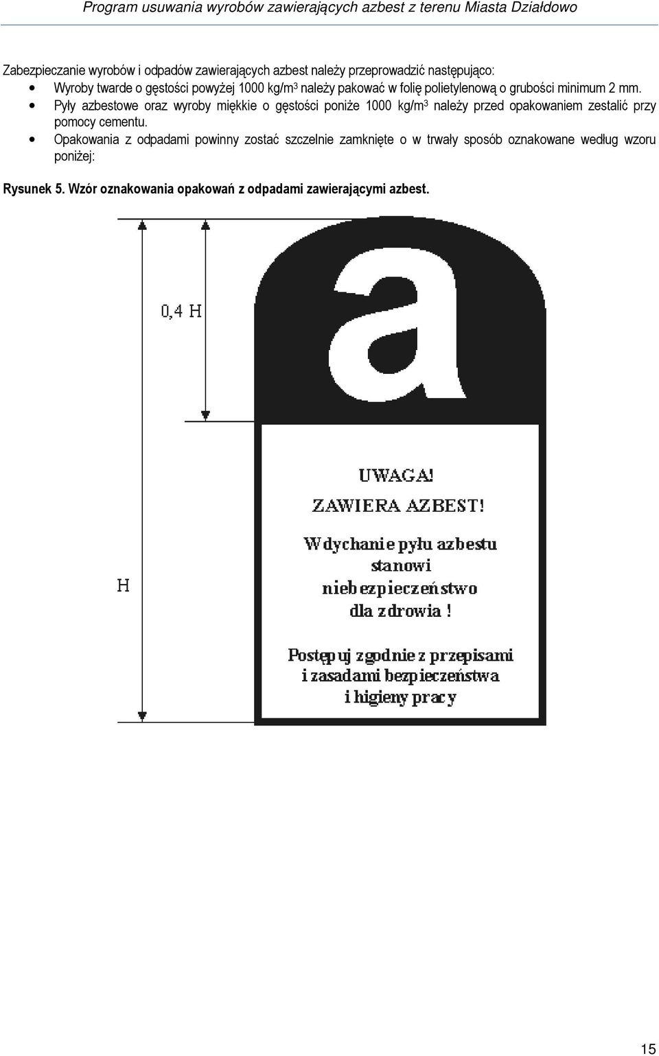 Pyły azbestowe oraz wyroby miękkie o gęstości poniże 1000 kg/m 3 należy przed opakowaniem zestalić przy pomocy cementu.