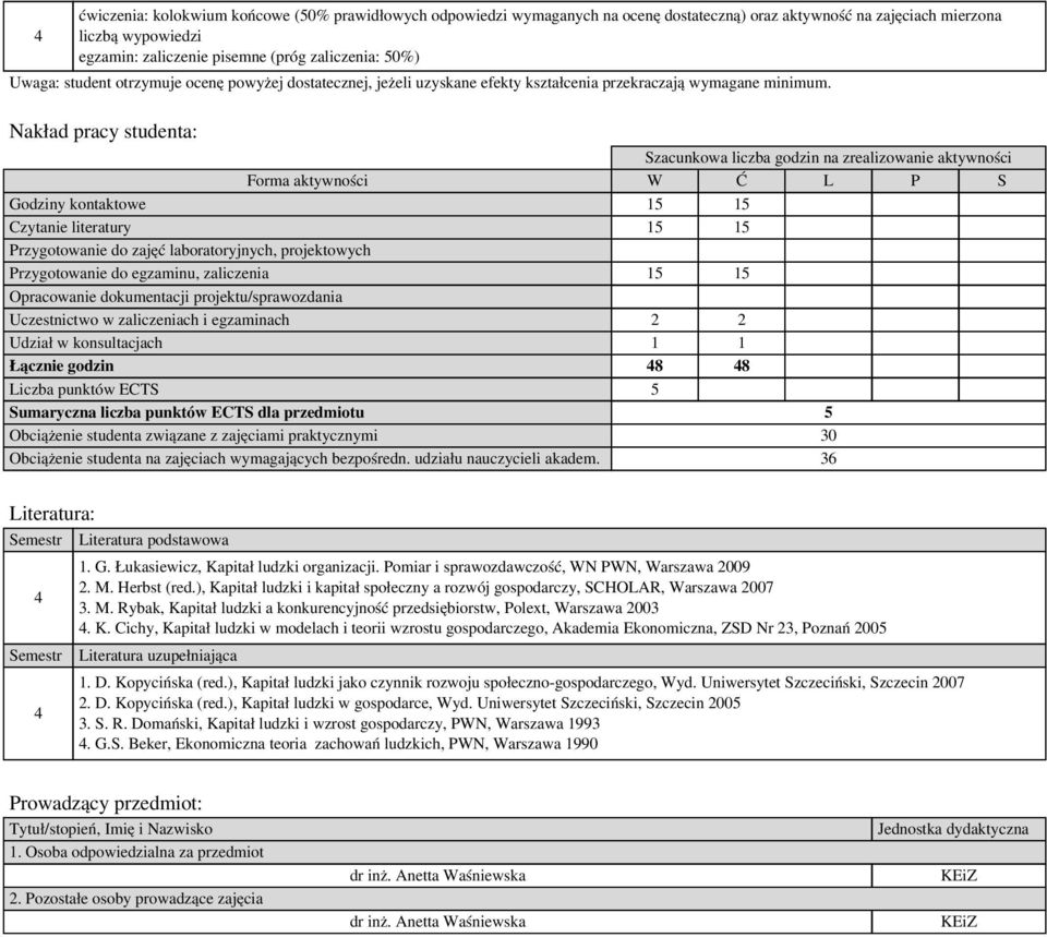 Nakład pracy studenta: Szacunkowa liczba godzin na zrealizowanie aktywności Forma aktywności W Ć L P S Godziny kontaktowe 15 15 Czytanie literatury 15 15 Przygotowanie do zajęć laboratoryjnych,