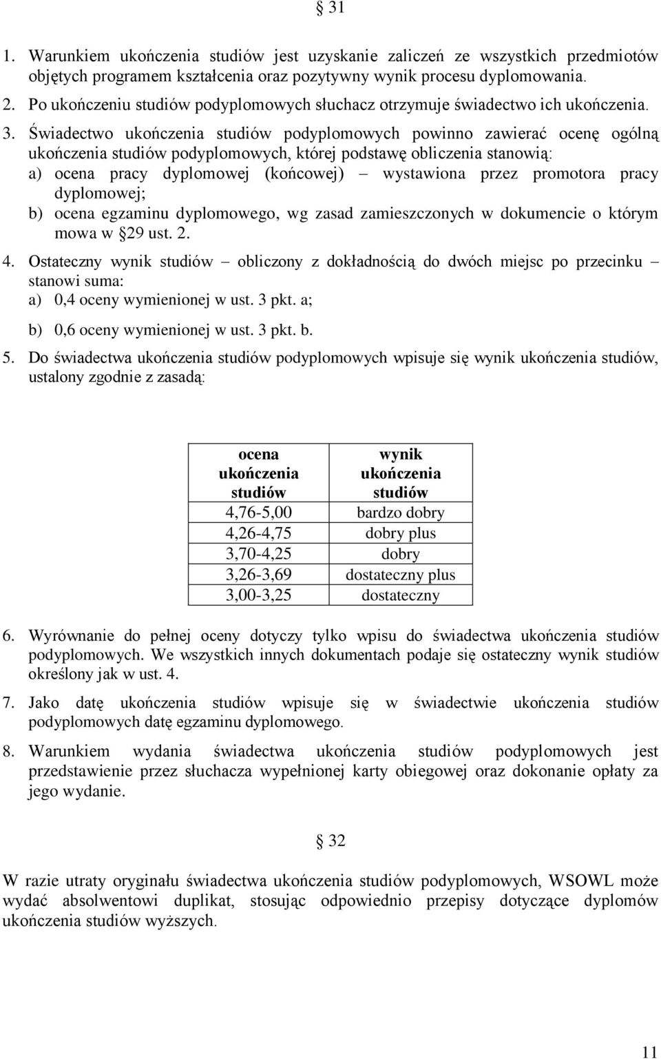 Świadectwo ukończenia studiów podyplomowych powinno zawierać ocenę ogólną ukończenia studiów podyplomowych, której podstawę obliczenia stanowią: a) ocena pracy dyplomowej (końcowej) wystawiona przez