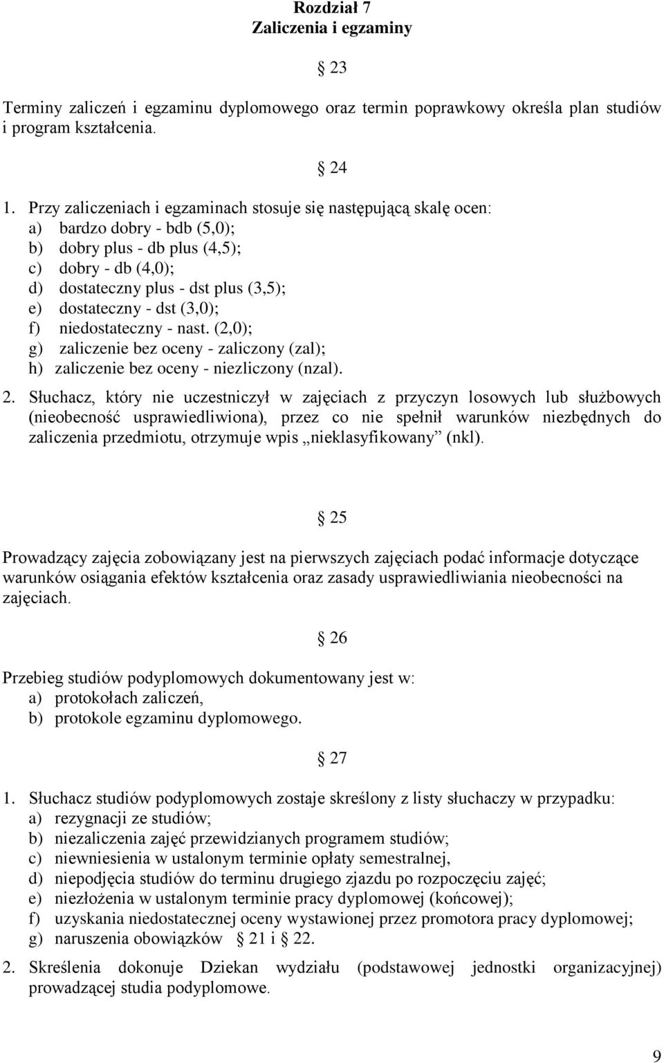 dostateczny - dst (3,0); f) niedostateczny - nast. (2,0); g) zaliczenie bez oceny - zaliczony (zal); h) zaliczenie bez oceny - niezliczony (nzal). 2.