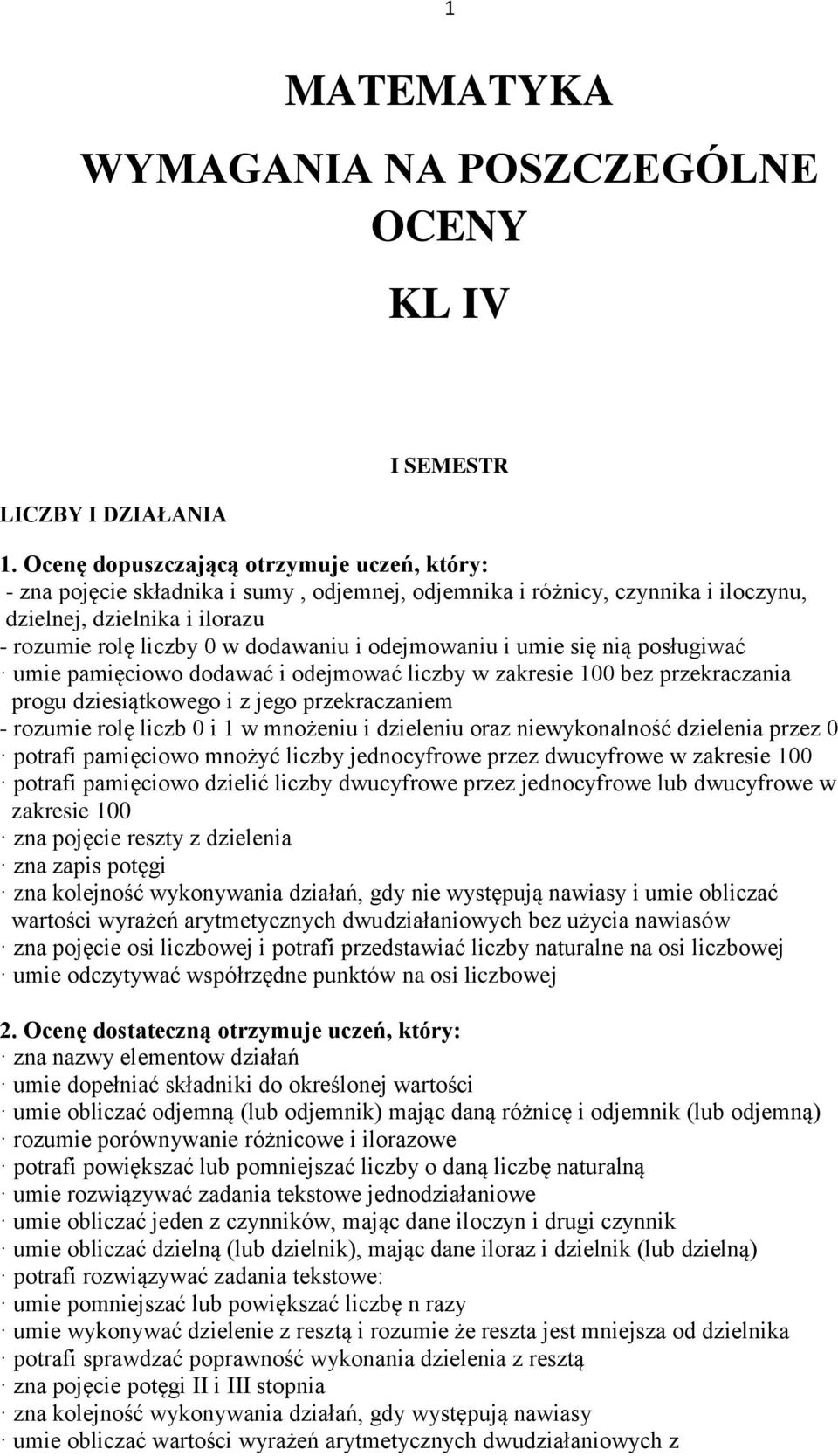 odejmowaniu i umie się nią posługiwać umie pamięciowo dodawać i odejmować liczby w zakresie 100 bez przekraczania progu dziesiątkowego i z jego przekraczaniem - rozumie rolę liczb 0 i 1 w mnożeniu i