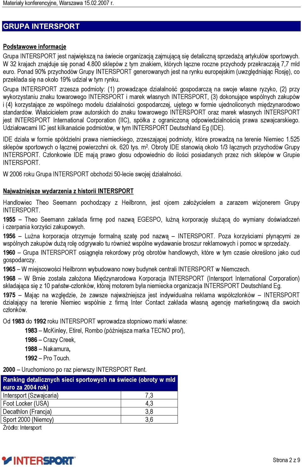 Ponad 90% przychodów Grupy INTERSPORT generowanych jest na rynku europejskim (uwzględniając Rosję), co przekłada się na około 19% udział w tym rynku.