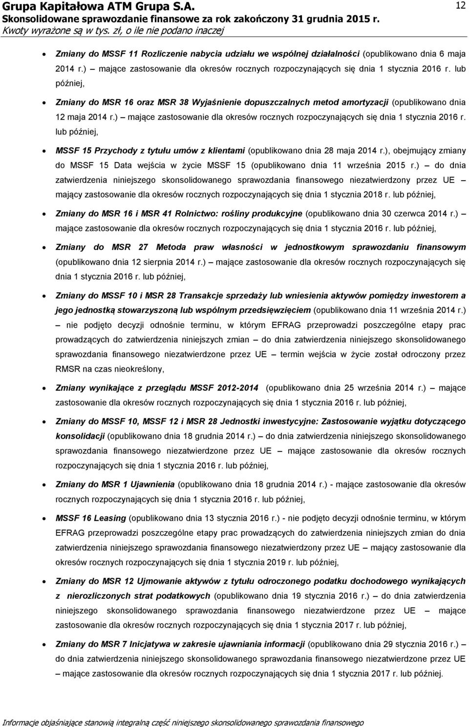 ) mające zastosowanie dla okresów rocznych rozpoczynających się dnia 1 stycznia 2016 r. lub później, MSSF 15 Przychody z tytułu umów z klientami (opublikowano dnia 28 maja 2014 r.