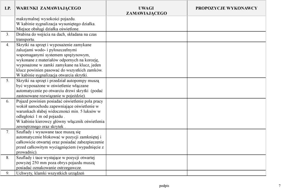 klucz powinien pasować do wszystkich zamków. W kabinie sygnalizacja otwarcia skrytki. 5.