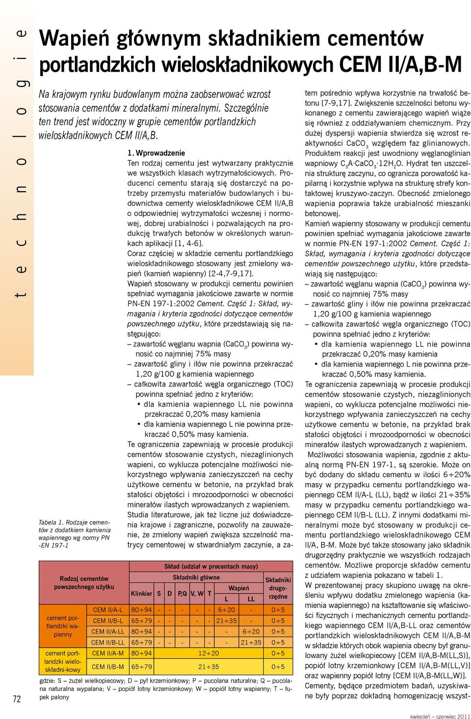 Rodzaje cementów z dodatkiem kamienia wapiennego wg normy PN -EN 197-1 Rodzaj cementów powszechnego użytku cement portlandzki wapienny cement portlandzki wieloskładni-kowy Skład (udział w procentach