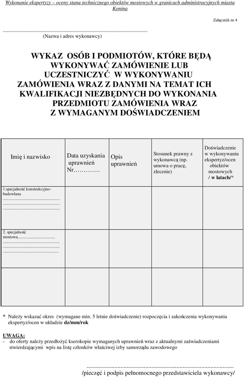 umowa o pracę, zlecenie) Doświadczenie w wykonywaniu ekspertyz/ocen obiektów mostowych / w latach/* 1.specjalność konstrukcyjnobudowlana 2. specjalność mostowa...... * NaleŜy wskazać okres (wymagane min.