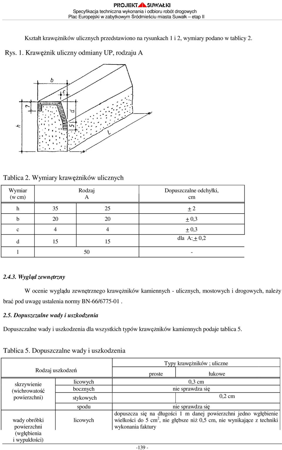 25 + 2 b 20 20 + 0,3 c 4 4 + 0,3 d 15 15 dla A: + 0,2 l 50-2.4.3. Wygląd zewnętrzny W ocenie wyglądu zewnętrznego krawęŝników kamiennych - ulicznych, mostowych i drogowych, naleŝy brać pod uwagę ustalenia normy BN-66/6775-01.