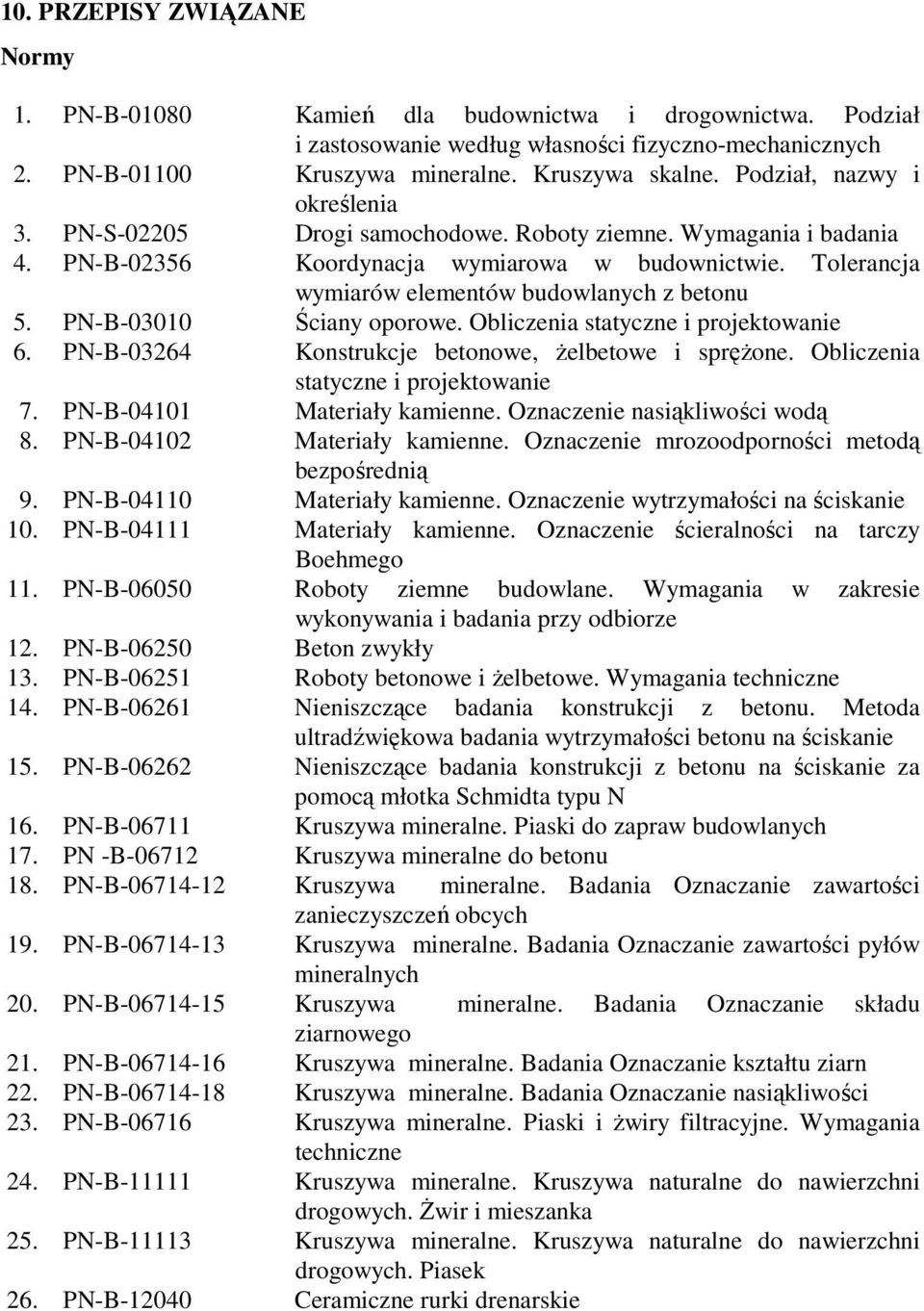 Tolerancja wymiarów elementów budowlanych z betonu 5. PN-B-03010 Ściany oporowe. Obliczenia statyczne i projektowanie 6. PN-B-03264 Konstrukcje betonowe, Ŝelbetowe i spręŝone.