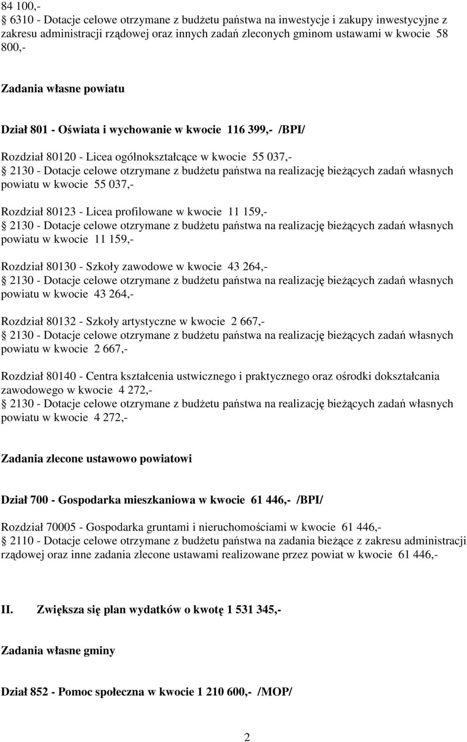 bieŝących zadań własnych powiatu w kwocie 55 037,- Rozdział 80123 - Licea profilowane w kwocie 11 159,- 2130 - tacje celowe otzrymane z budŝetu państwa na realizację bieŝących zadań własnych powiatu