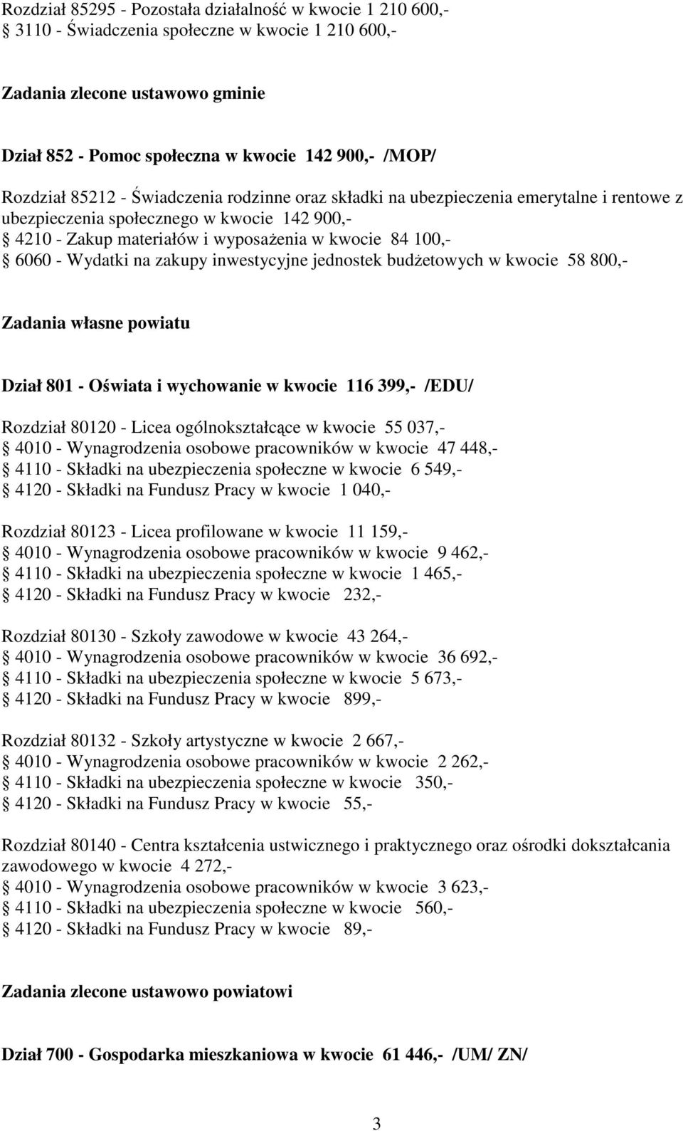 Wydatki na zakupy inwestycyjne jednostek budŝetowych w kwocie 58 800,- adania własne powiatu Dział 801 - Oświata i wychowanie w kwocie 116 399,- /EDU/ Rozdział 80120 - Licea ogólnokształcące w kwocie