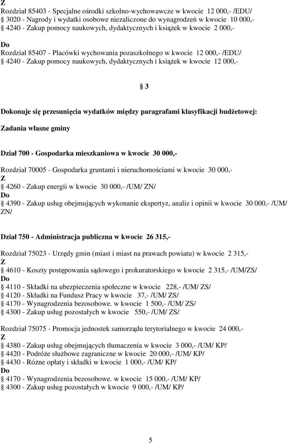 się przesunięcia wydatków między paragrafami klasyfikacji budŝetowej: adania własne gminy Dział 700 - Gospodarka mieszkaniowa w kwocie 30 000,- Rozdział 70005 - Gospodarka gruntami i nieruchomościami