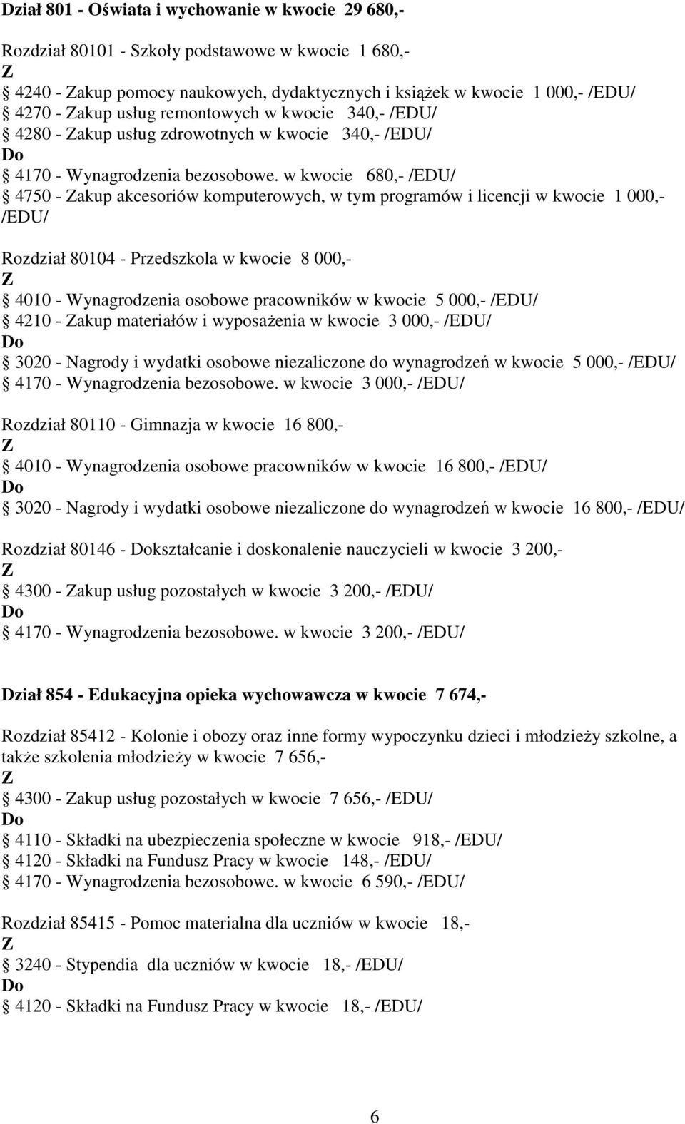 w kwocie 680,- /EDU/ 4750 - akup akcesoriów komputerowych, w tym programów i licencji w kwocie 1 000,- /EDU/ Rozdział 80104 - Przedszkola w kwocie 8 000,- 4010 - Wynagrodzenia osobowe pracowników w