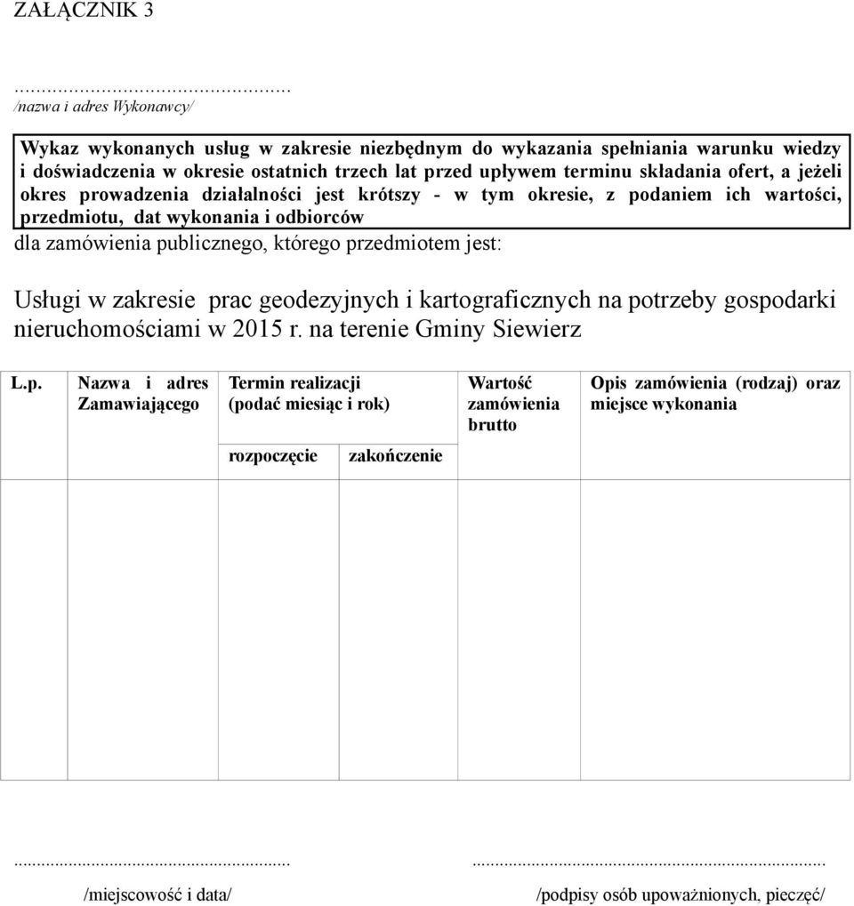 składania ofert, a jeżeli okres prowadzenia działalności jest krótszy - w tym okresie, z podaniem ich wartości, przedmiotu, dat wykonania i odbiorców dla zamówienia publicznego, którego