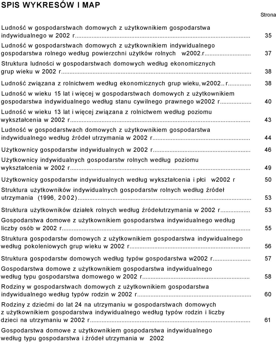 .. 38 Ludność związana z rolnictwem według ekonomicznych grup wieku, w 2002..r... 38 Ludność w wieku 15 lat i więcej w gospodarstwach domowych z użytkownikiem gospodarstwa indywidualnego według stanu cywilnego prawnego w 2002 r.