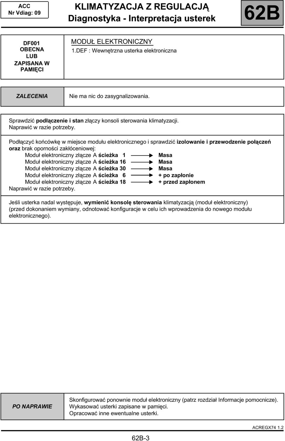 Podłączyć końcówkę w miejsce modułu elektronicznego i sprawdzić izolowanie i przewodzenie połączeń oraz brak oporności zakłóceniowej: Moduł elektroniczny złącze A ścieżka 1 Masa Moduł elektroniczny