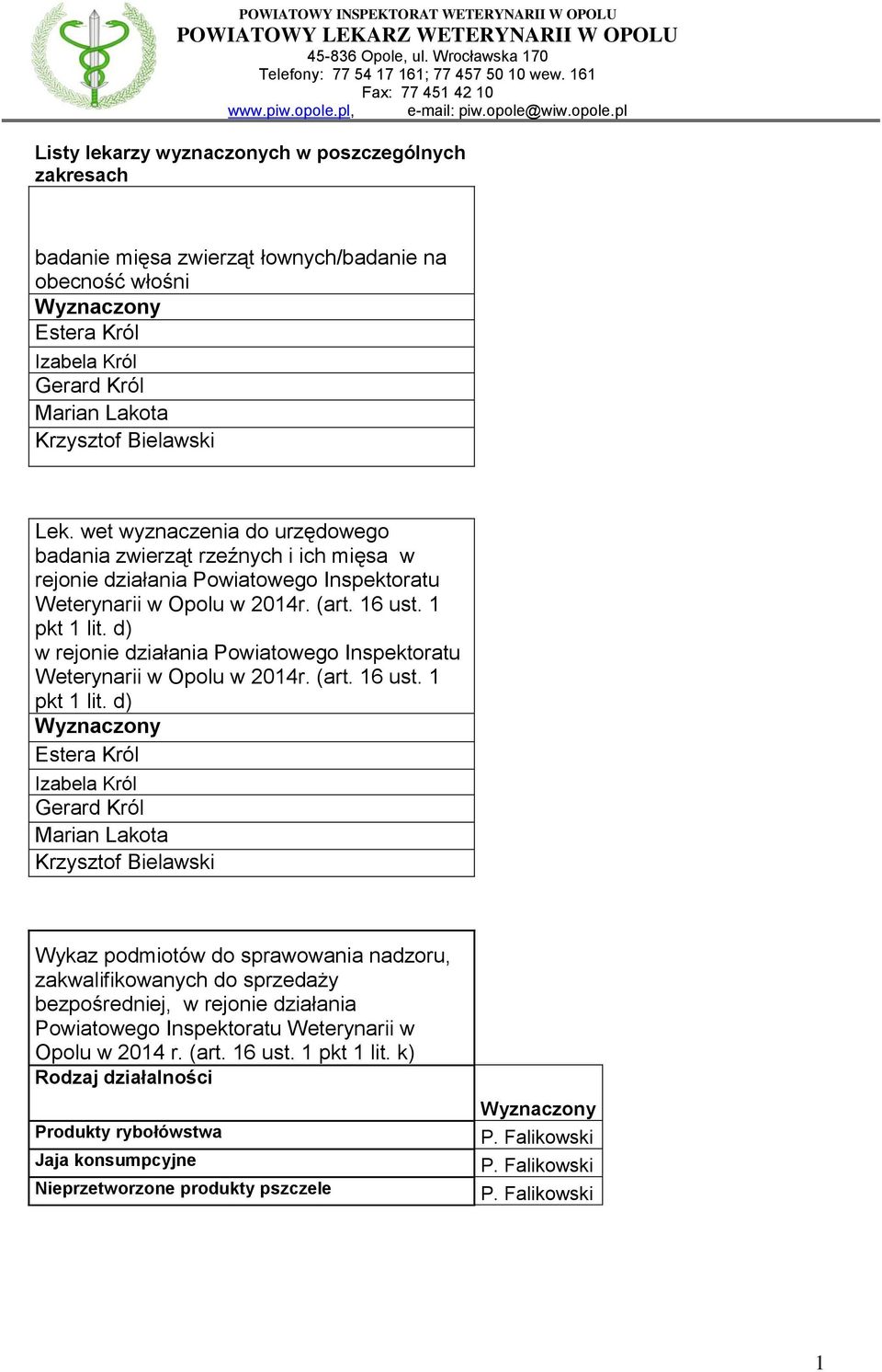 wiw.opole.pl Listy lekarzy wyznaczonych w poszczególnych zakresach badanie mięsa zwierząt łownych/badanie na obecność włośni Estera Król Izabela Król Gerard Król Marian Lakota Krzysztof Bielawski Lek.