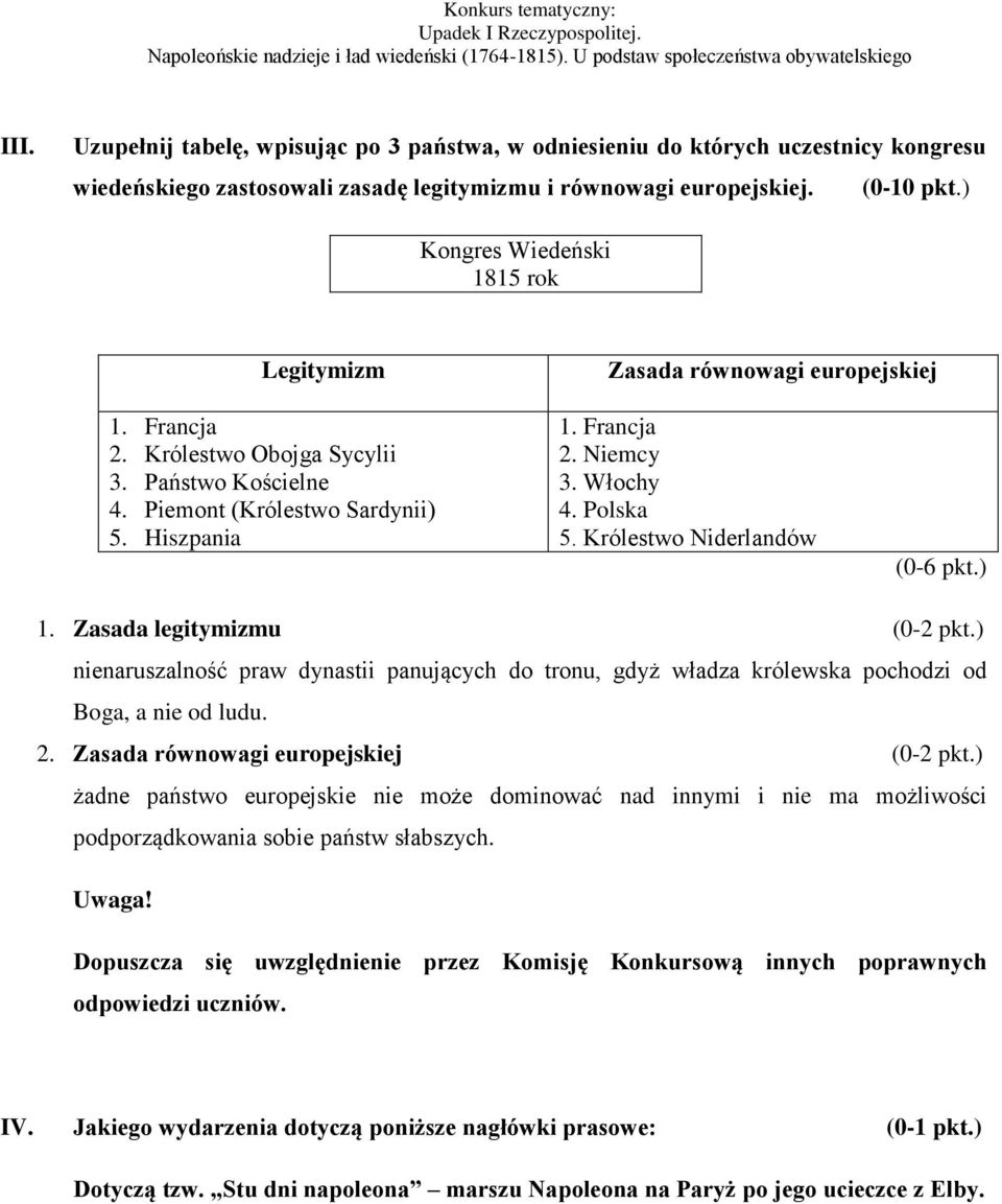 Włochy 4. olska 5. Królestwo Niderlandów (0-6 pkt.) 1. Zasada legitymizmu (0-2 pkt.) nienaruszalność praw dynastii panujących do tronu, gdyż władza królewska pochodzi od Boga, a nie od ludu. 2.