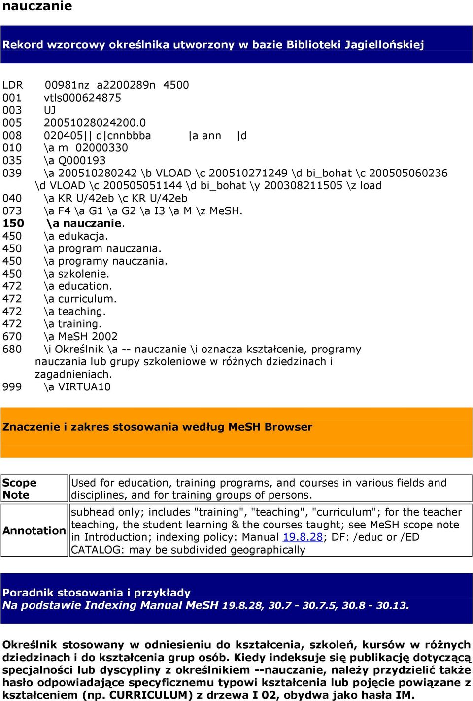 040 \a KR U/42eb \c KR U/42eb 073 \a F4 \a G1 \a G2 \a I3 \a M \z MeSH. 150 \a nauczanie. 450 \a edukacja. 450 \a program nauczania. 450 \a programy nauczania. 450 \a szkolenie. 472 \a education.