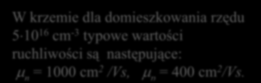 2 cm V s 1400 1000 600 dziury elektrony W krzemie dla domieszkowania rzędu 5 10 16 cm -3 typowe wartości ruchliwości są następujące: n = 1000 cm2 /Vs, p = 400 cm2 /Vs.