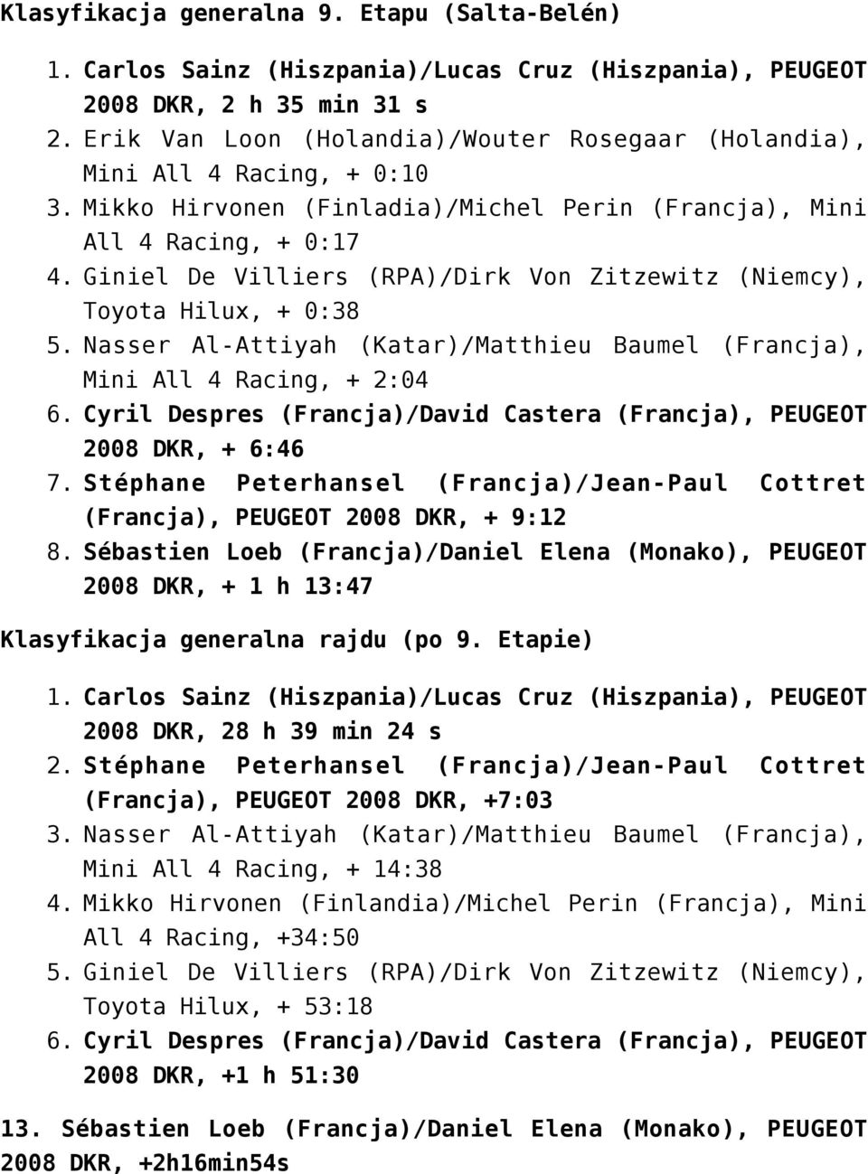 Perin (Francja), Mini All 4 Racing, + 0:17 Giniel De Villiers (RPA)/Dirk Von Zitzewitz (Niemcy), Toyota Hilux, + 0:38 Nasser Al-Attiyah (Katar)/Matthieu Baumel (Francja), Mini All 4 Racing, + 2:04