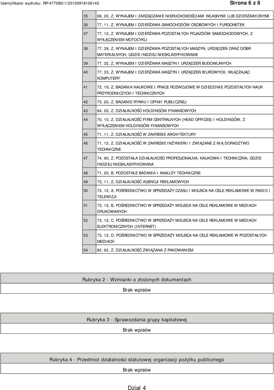 DZIERŻAWA MASZYN I URZĄDZEŃ BUDOWLANYCH 40 77, 33, Z, WYNAJEM I DZIERŻAWA MASZYN I URZĄDZEŃ BIUROWYCH, WŁĄCZAJĄC KOMPUTERY 41 72, 19, Z, BADANIA NAUKOWE I PRACE ROZWOJOWE W DZIEDZI POZOSTAŁYCH NAUK