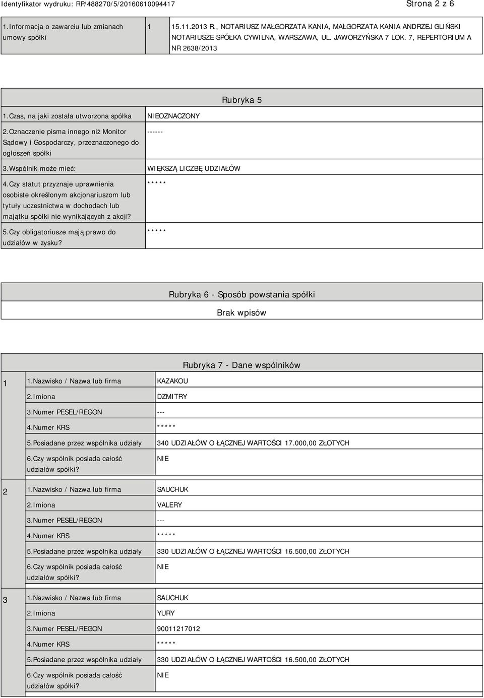 Czy statut przyznaje uprawnienia osobiste określonym akcjonariuszom lub tytuły uczestnictwa w dochodach lub majątku spółki nie wynikających z akcji? 5.