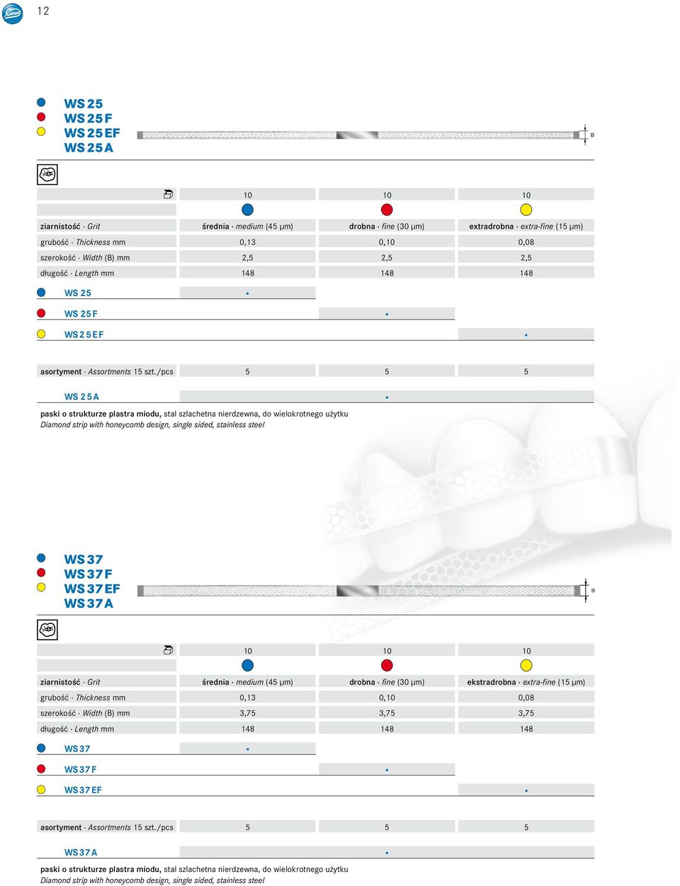 /pcs 5 5 5 WS25A paski o strukturze plastra miodu, stal szlachetna nierdzewna, do wielokrotnego użytku Diamond strip with honeycomb design, single sided, stainless steel WS 37 WS 37F WS 37EF WS 37A B