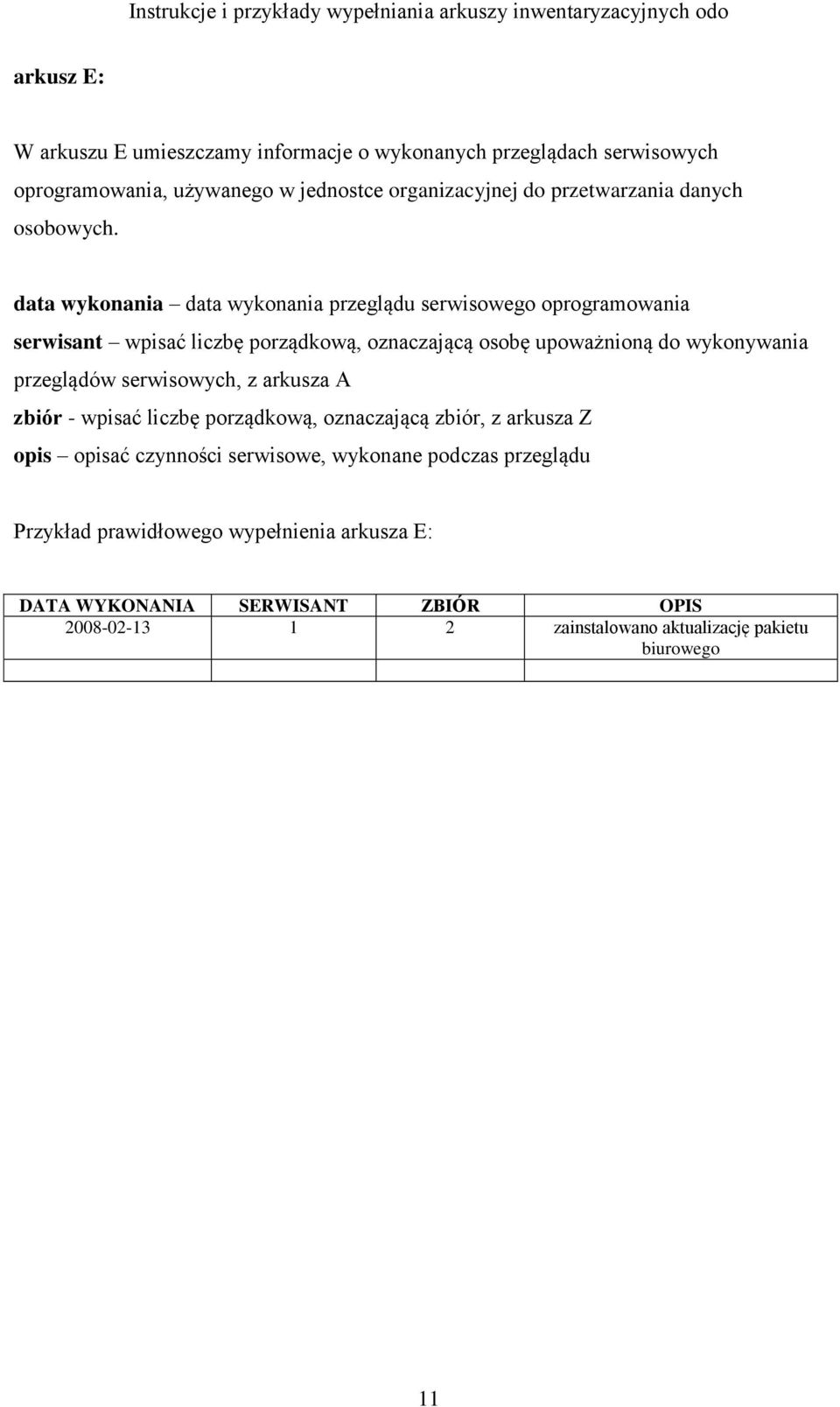 data wykonania data wykonania przeglądu serwisowego oprogramowania serwisant wpisać liczbę porządkową, oznaczającą osobę upoważnioną do wykonywania