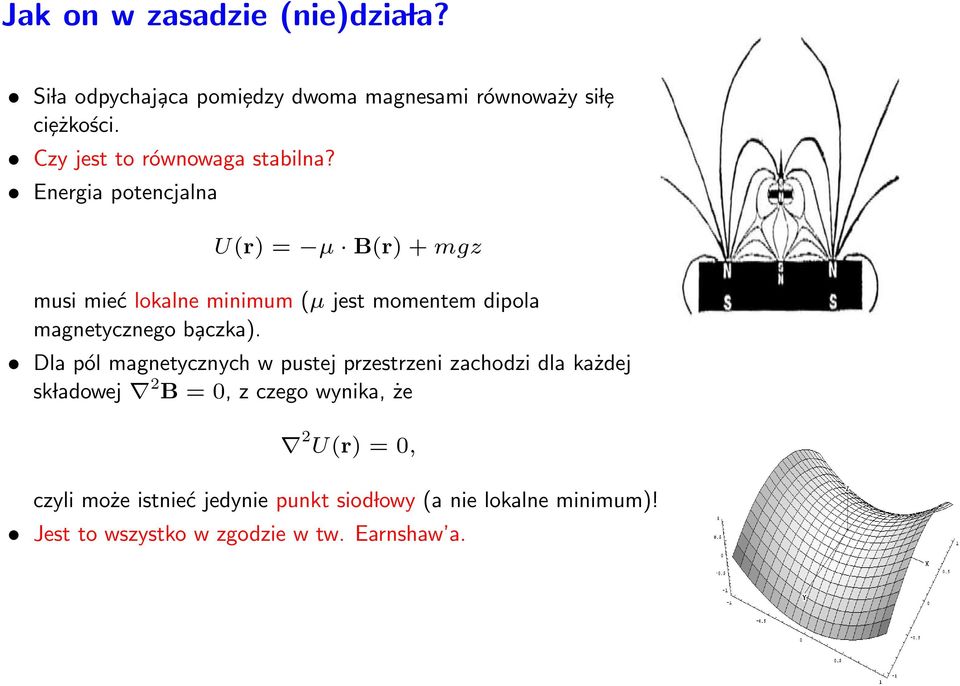 Energia potencjalna U(r) = µ B(r) + mgz musi mieć lokalne minimum (µ jest momentem dipola magnetycznego b aczka).