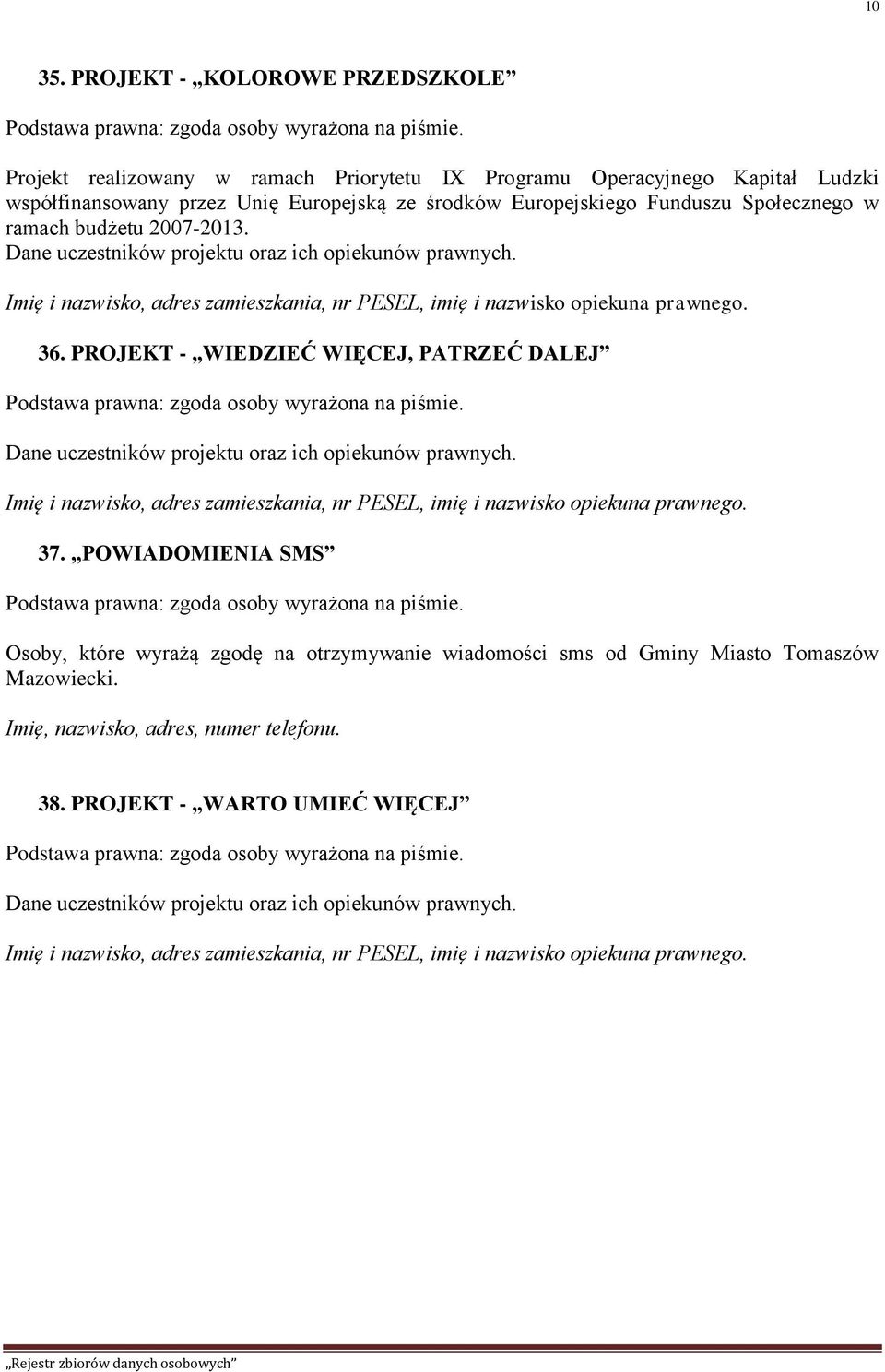 ramach budżetu 2007-2013. Dane uczestników projektu oraz ich opiekunów prawnych. Imię i nazwisko, adres zamieszkania, nr PESEL, imię i nazwisko opiekuna prawnego. 36.