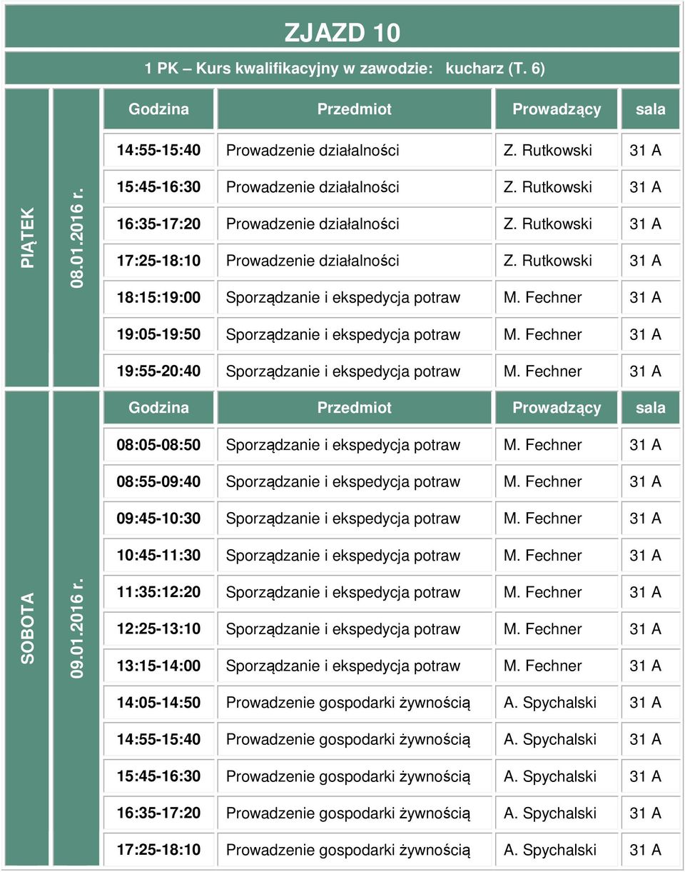 Fechner 31 A 19:55-20:40 Sporządzanie i ekspedycja potraw M. Fechner 31 A 08:05-08:50 Sporządzanie i ekspedycja potraw M. Fechner 31 A 08:55-09:40 Sporządzanie i ekspedycja potraw M.