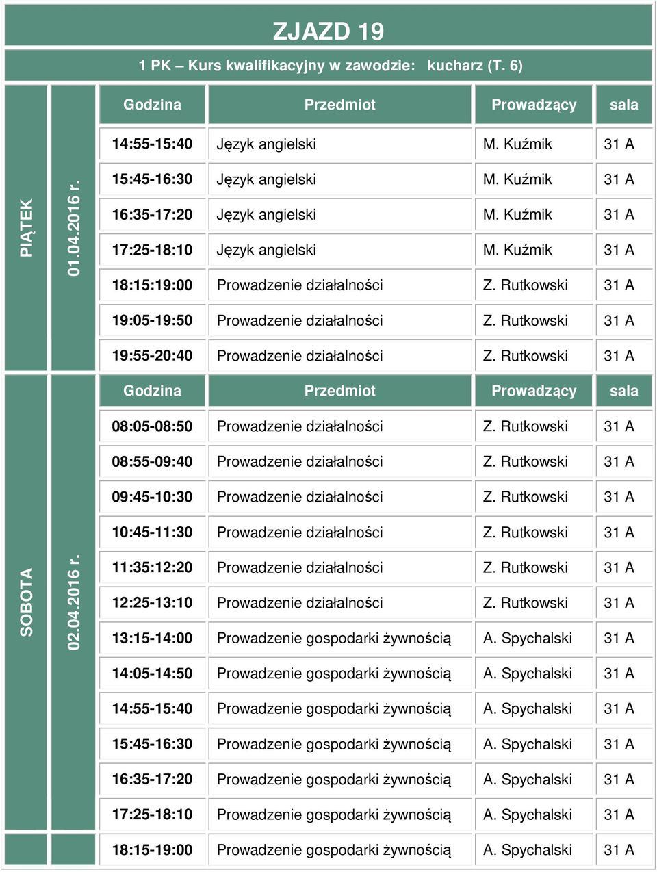 Rutkowski 31 A 08:05-08:50 Prowadzenie działalności Z. Rutkowski 31 A 08:55-09:40 Prowadzenie działalności Z. Rutkowski 31 A 09:45-10:30 Prowadzenie działalności Z.