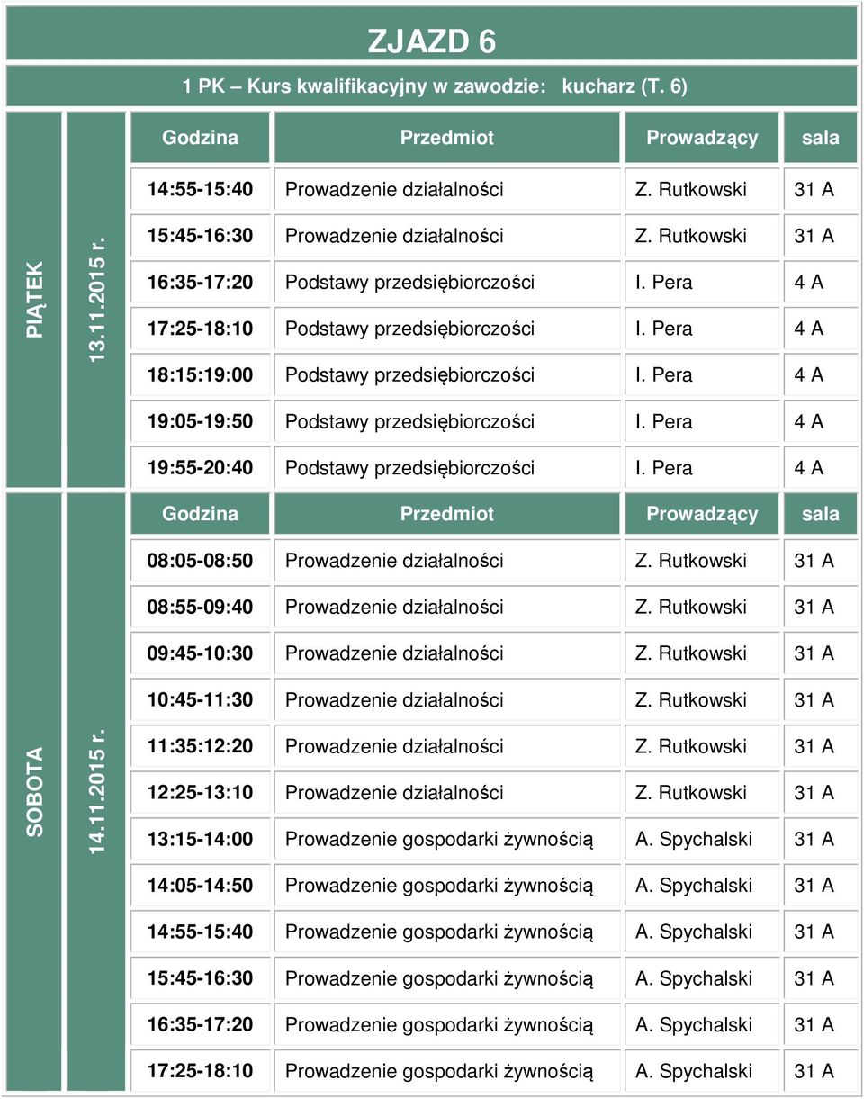 Pera 4 A 19:55-20:40 Podstawy przedsiębiorczości I. Pera 4 A 08:05-08:50 Prowadzenie działalności Z. Rutkowski 31 A 08:55-09:40 Prowadzenie działalności Z.