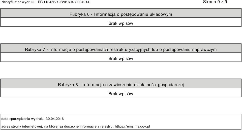 Informacja o zawieszeniu działalności gospodarczej data sporządzenia wydruku 30.04.