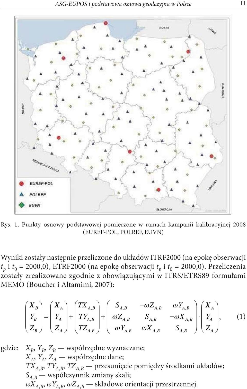 Punkty osnowy podstawowej pomierzone w ramach kampanii kalibracyjnej 2008 (EUREF-POL, POLREF, EUVN) Wyniki zostały następnie przeliczone do układów ITRF2000 (na epokę obserwacji t p i t 0 =