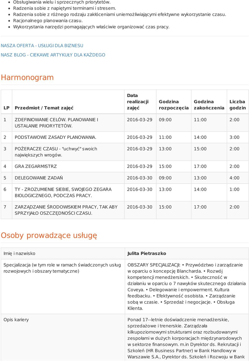 NASZA OFERTA - USŁUGI DLA BIZNESU NASZ BLOG - CIEKAWE ARTYKUŁY DLA KAŻDEGO Harmonogram LP Przedmiot / Temat zajęć Data realizacji zajęć Godzina rozpoczęcia Godzina zakończenia Liczba godzin 1