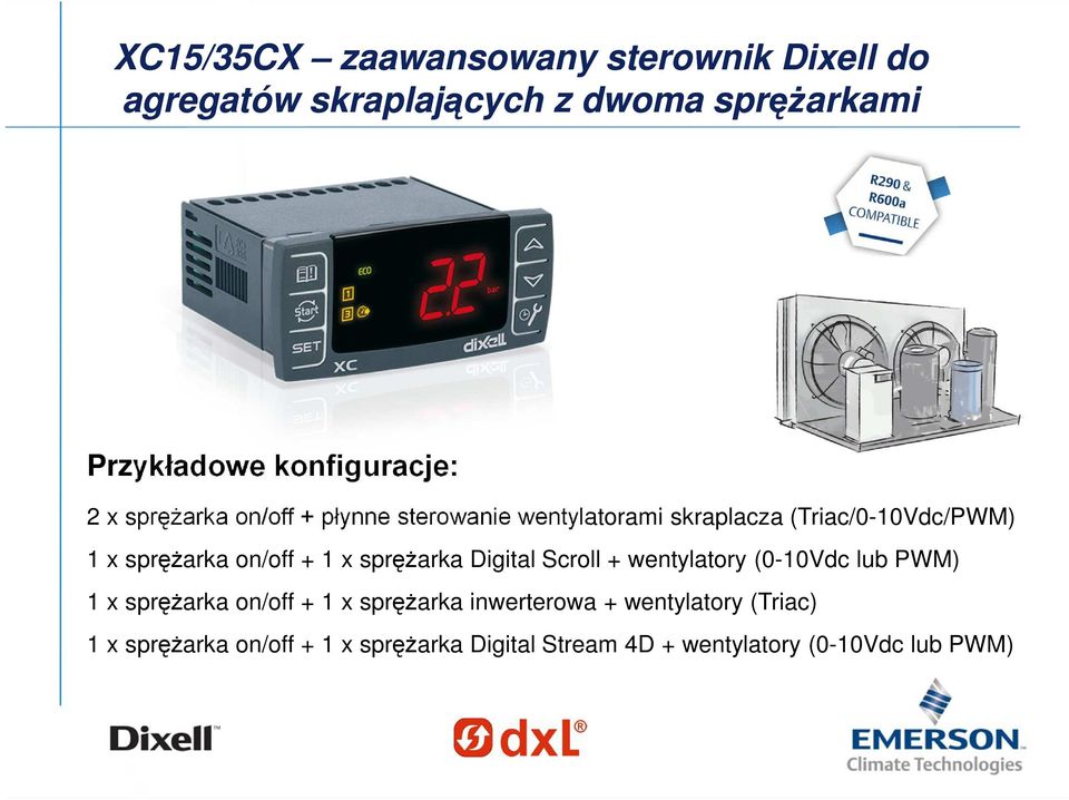 sprężarka on/off + 1 x sprężarka Digital Scroll + wentylatory (0-10Vdc lub PWM) 1 x sprężarka on/off + 1 x