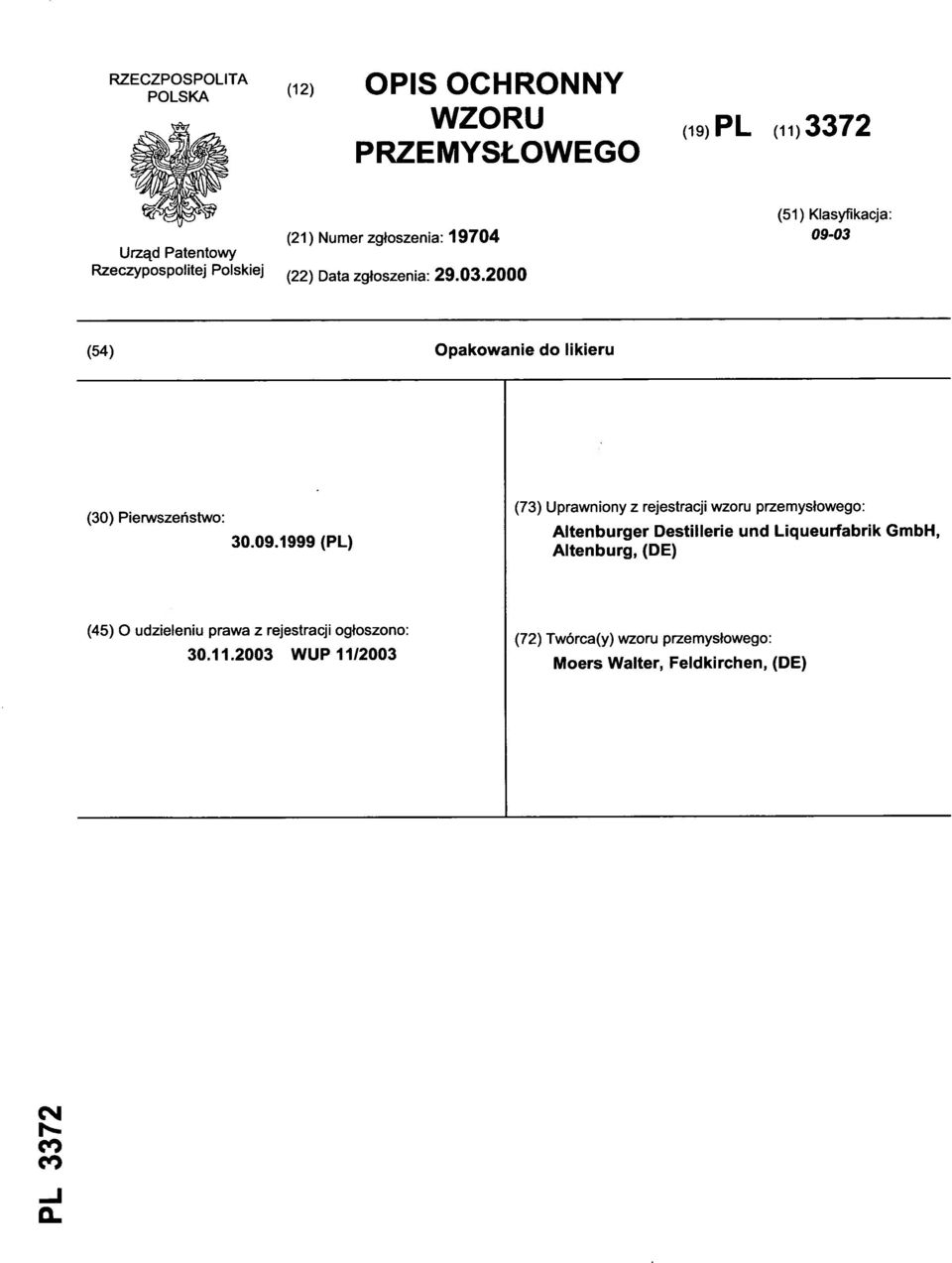1999 (PL) (73) Uprawnion y z rejestracj i wzoru przemysłowego : Altenburger Destilleri e und Liqueurfabrik GmbH,