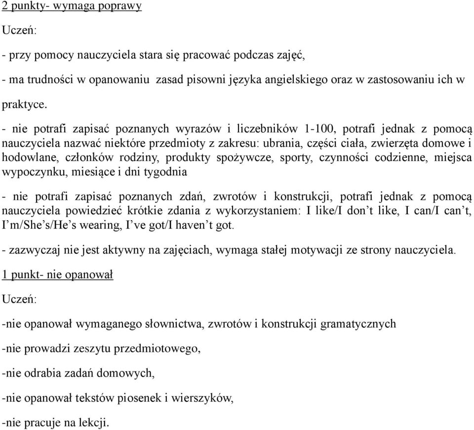 rodziny, produkty spożywcze, sporty, czynności codzienne, miejsca wypoczynku, miesiące i dni tygodnia - nie potrafi zapisać poznanych zdań, zwrotów i konstrukcji, potrafi jednak z pomocą nauczyciela